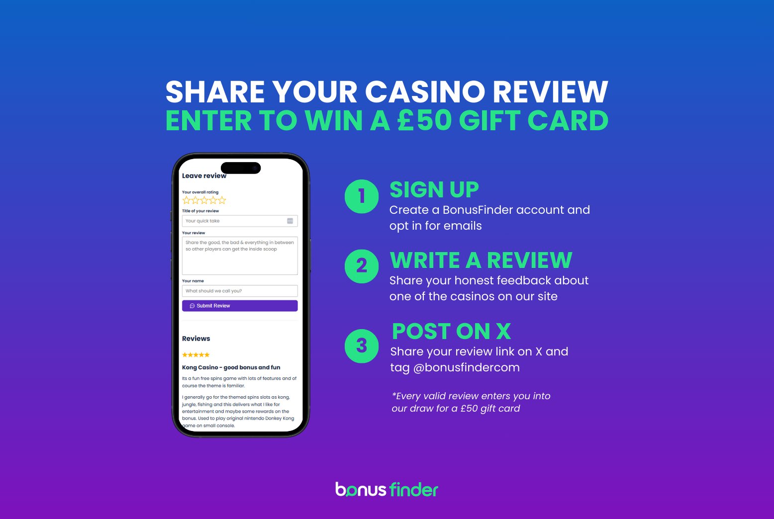 Leave a review at BonusFinder UK and win £50 gift card