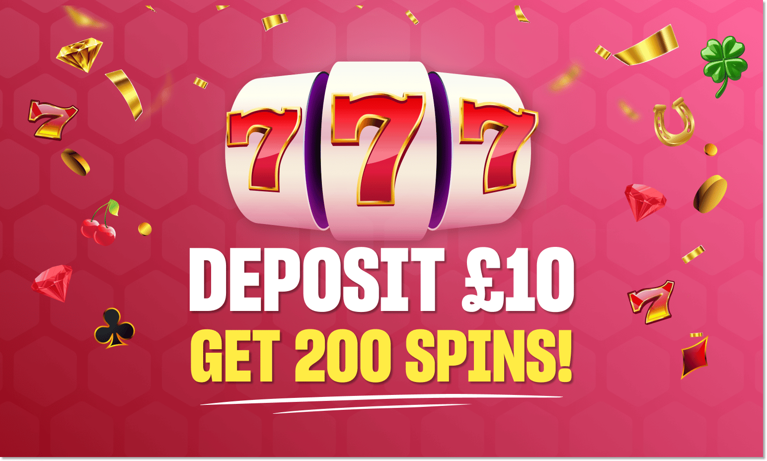 A slot game icon with floating slot symbols on a pink background, with text deposit £10 get 200 spins