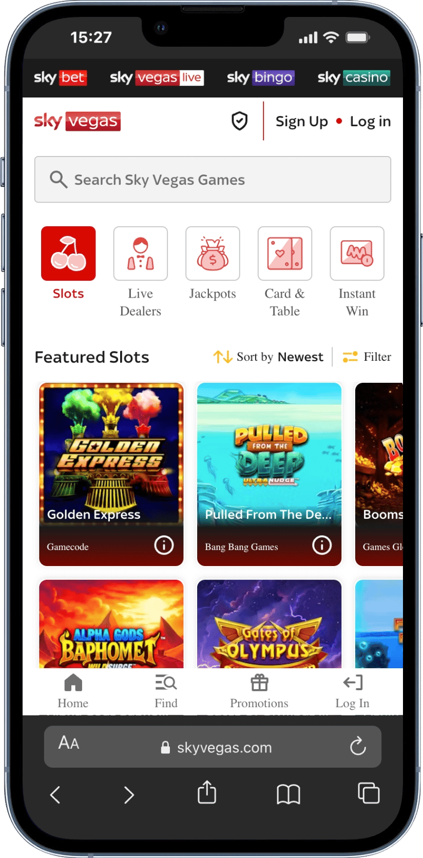 Screenshot of the Sky Vegas casino app on iPhone 13 Pro showing featured slots and game categories.