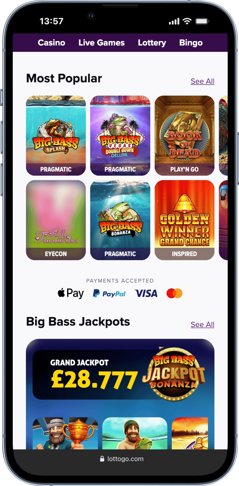 Screenshot of the LottoGo casino app on iPhone 13 Pro showing popular slots and jackpot games.