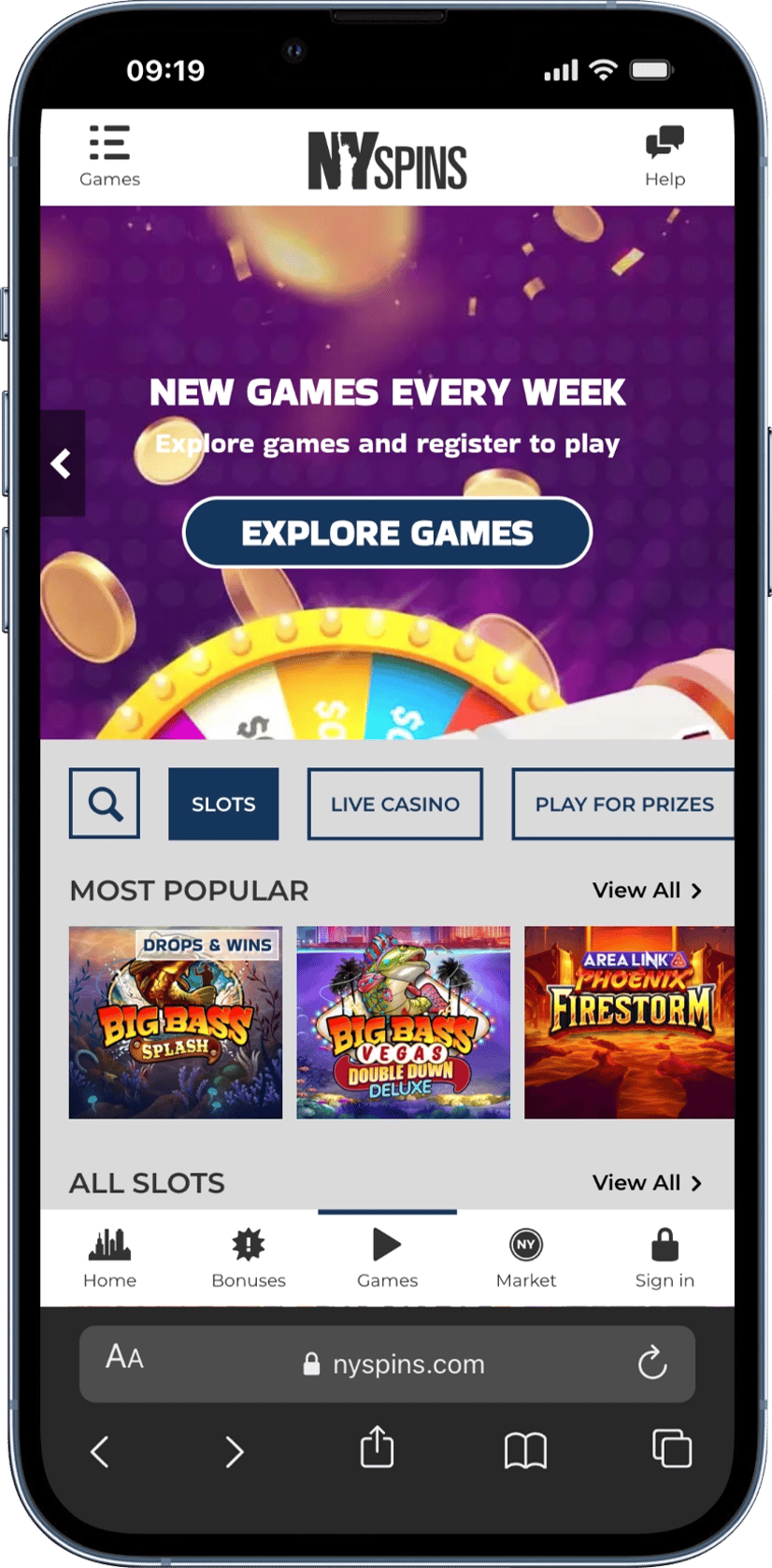 iPhone 13 Pro screen showing the NYSpins.com website.