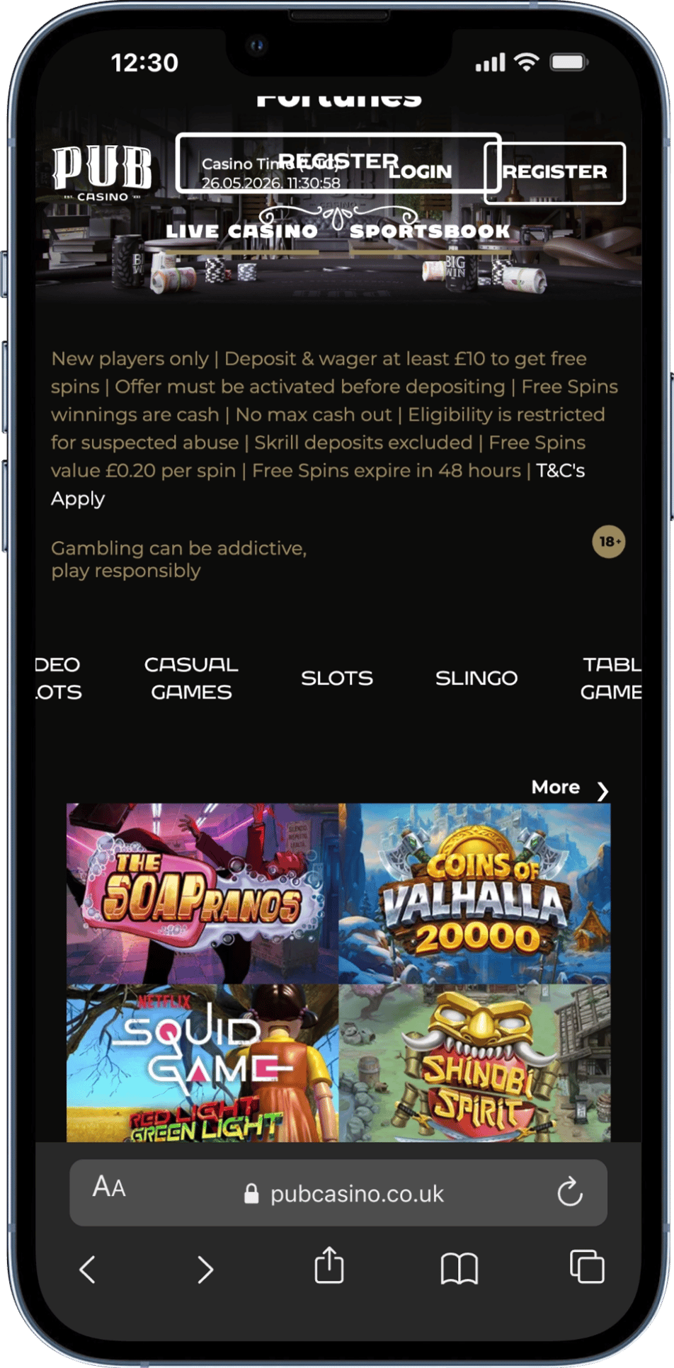 iPhone screenshot of Pub Casino's homepage featuring Live Casino sections and featured game slots.