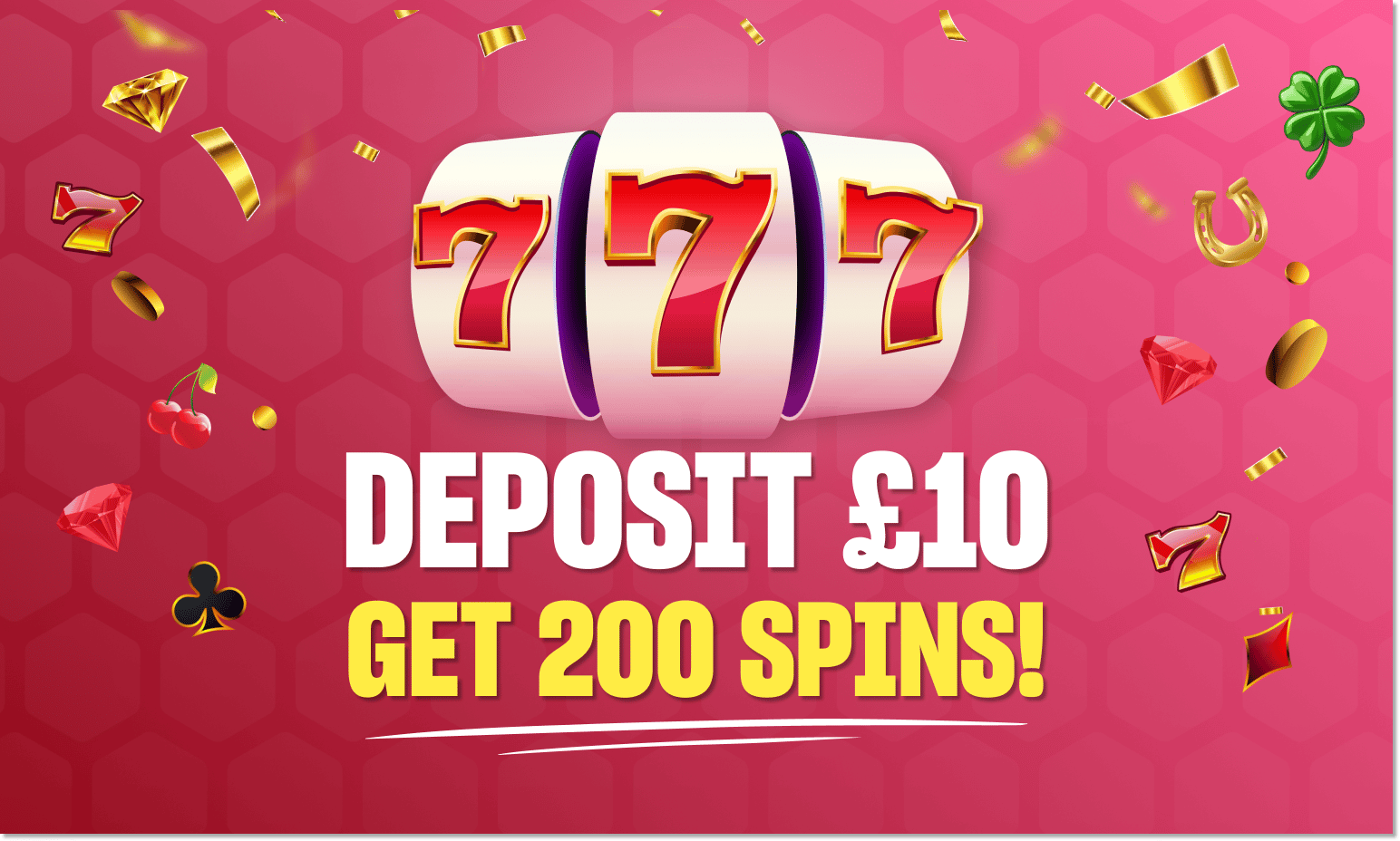 A slot game icon with floating slot symbols on a pink background, with text deposit £10 get 200 spins