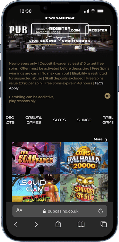 iPhone screenshot of Pub Casino's homepage featuring Live Casino sections and featured game slots.
