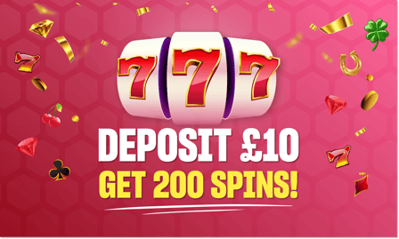 A slot game icon with floating slot symbols on a pink background, with text deposit Â£10 get 200 spins