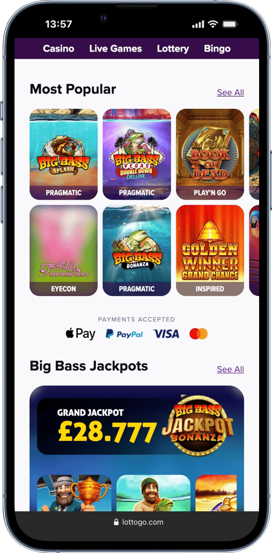 Screenshot of the LottoGo casino app on iPhone 13 Pro showing popular slots and jackpot games.