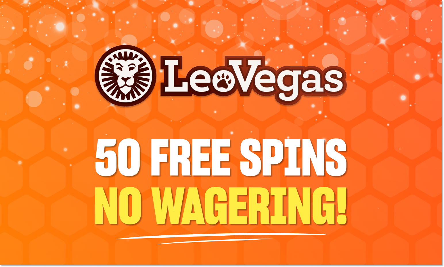LeoVegas logo on an orange background with text 50 free spins no wagering