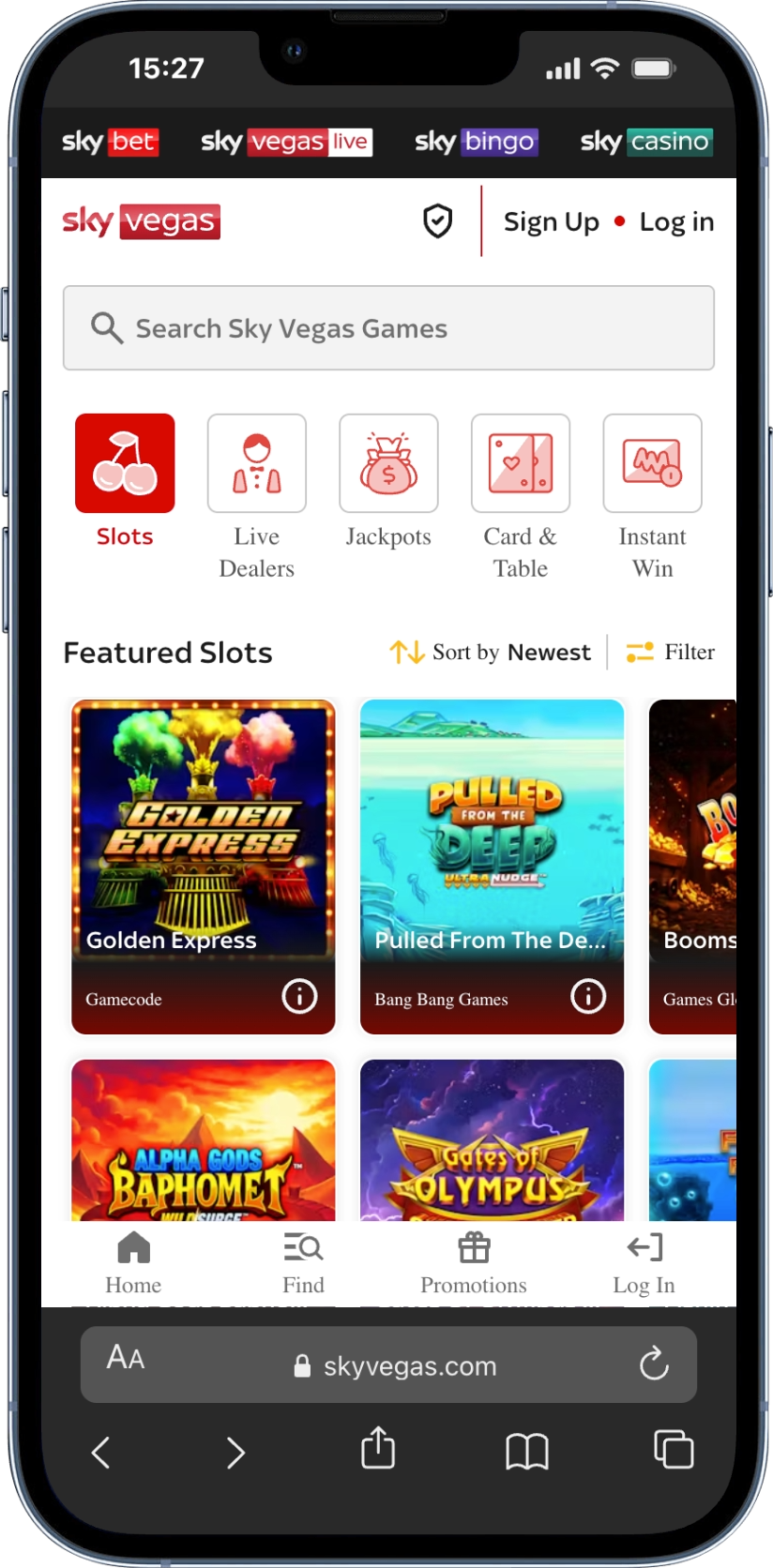 Screenshot of the Sky Vegas casino app on iPhone 13 Pro showing featured slots and game categories.