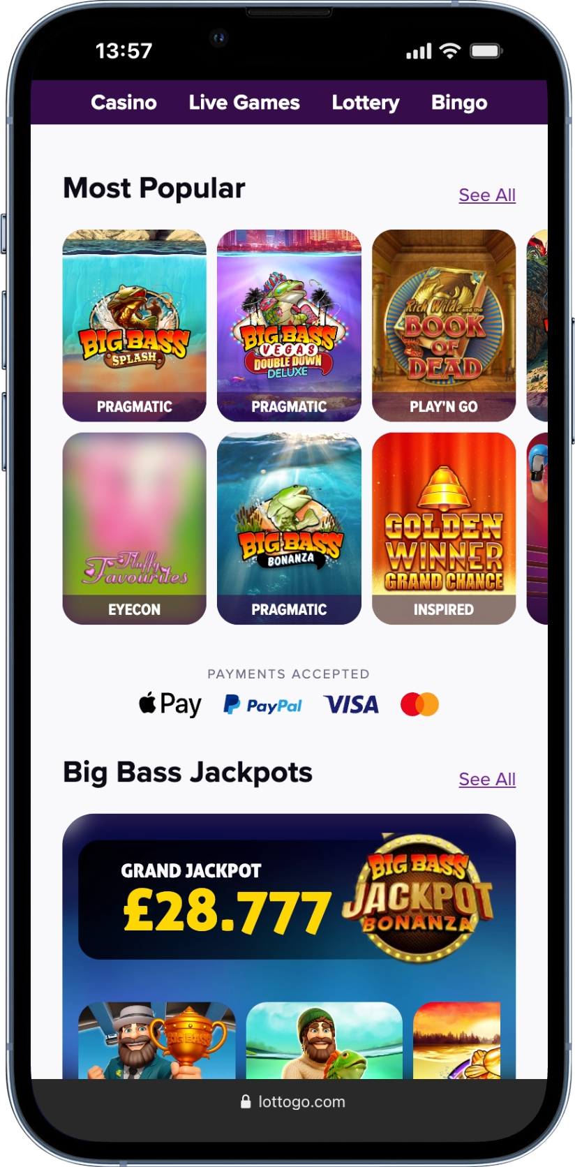 Screenshot of the LottoGo casino app on iPhone 13 Pro showing popular slots and jackpot games.