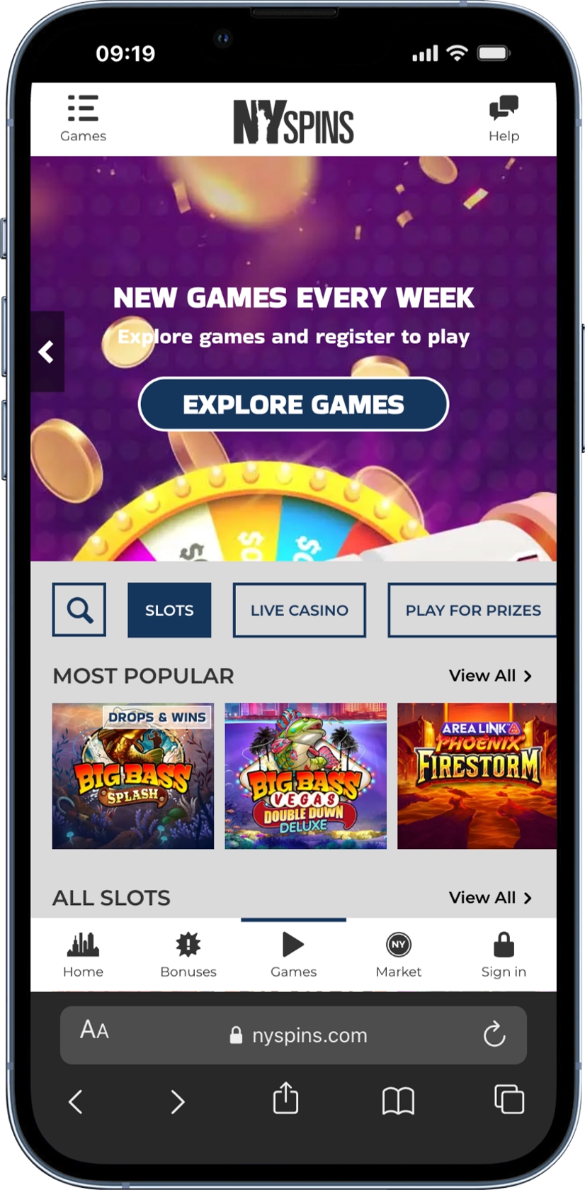 iPhone 13 Pro screen showing the NYSpins.com website.