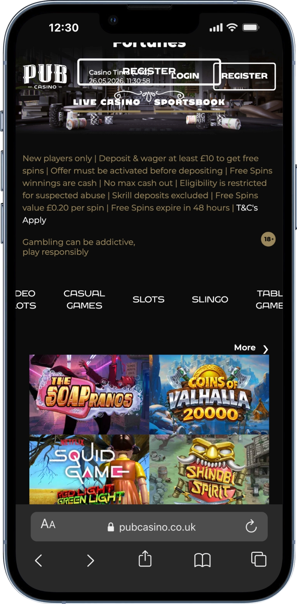 iPhone screenshot of Pub Casino's homepage featuring Live Casino sections and featured game slots.